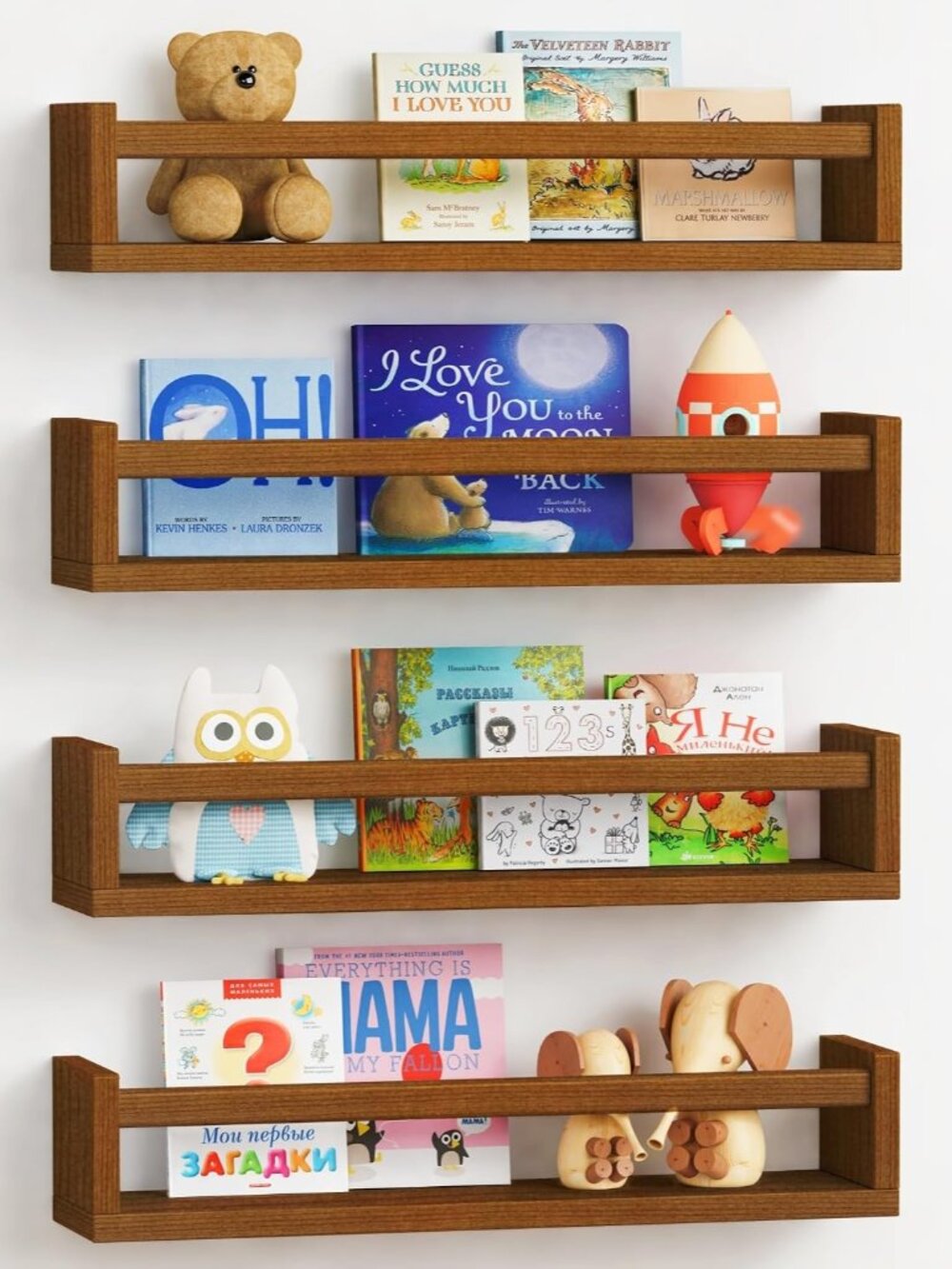 Dark Wood Nursery Kids Bookshelf Wall Mounted, Wooden Floating Nursery Book Shel